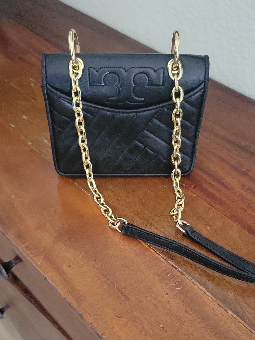Tory Burch Alexa Mini Black Quilted Leather Crossbody with Gold Chain Strap